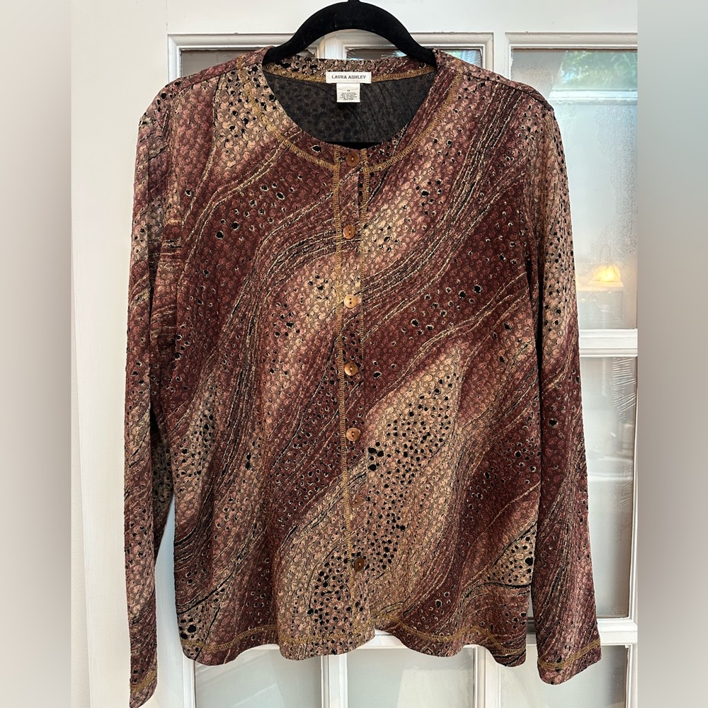 Vintage Laura Ashley Earthy Toned Golden Ombre Button-Up Cardigan Sweater Size M